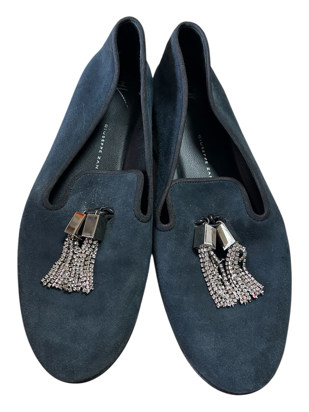 Giuseppe Zanotti Moccasin Shoes Flats Blue Black Suede Loafer with Rhinestone